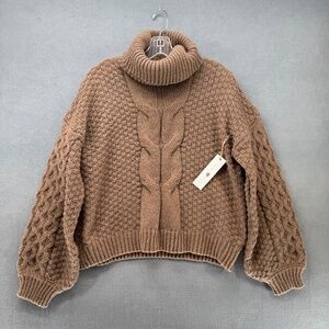 Woven Heart Sweater Women's Large Beige Cable Knit High Neck